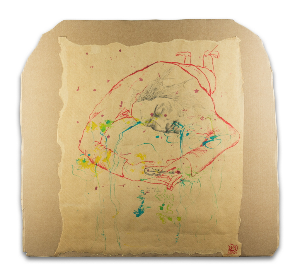 Desenho com linhas e manchas de cor sobre papel, de Matheus Diaso