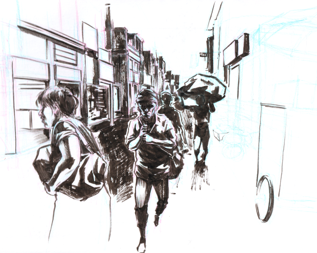 Desenho de cena urbana em perspectiva, de Renoir Santos