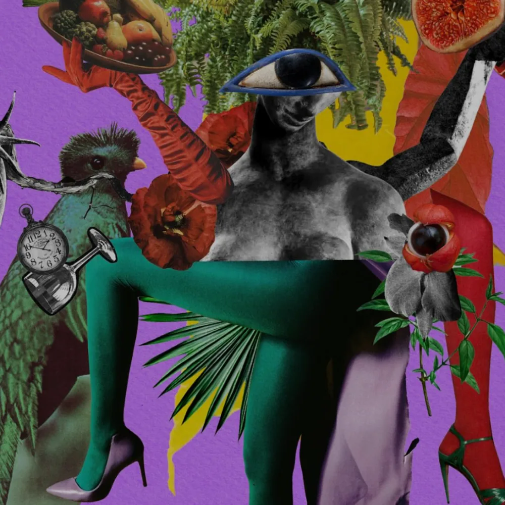 Colagem artística com figura humana, olho, plantas, frutas, pássaro e relógio.