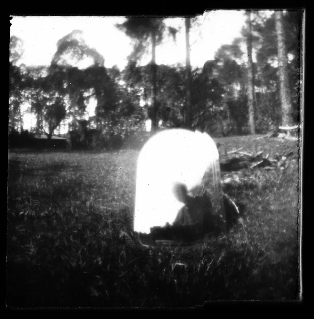 Fotografia em preto e branco de uma forma clara arredondada em um jardim.